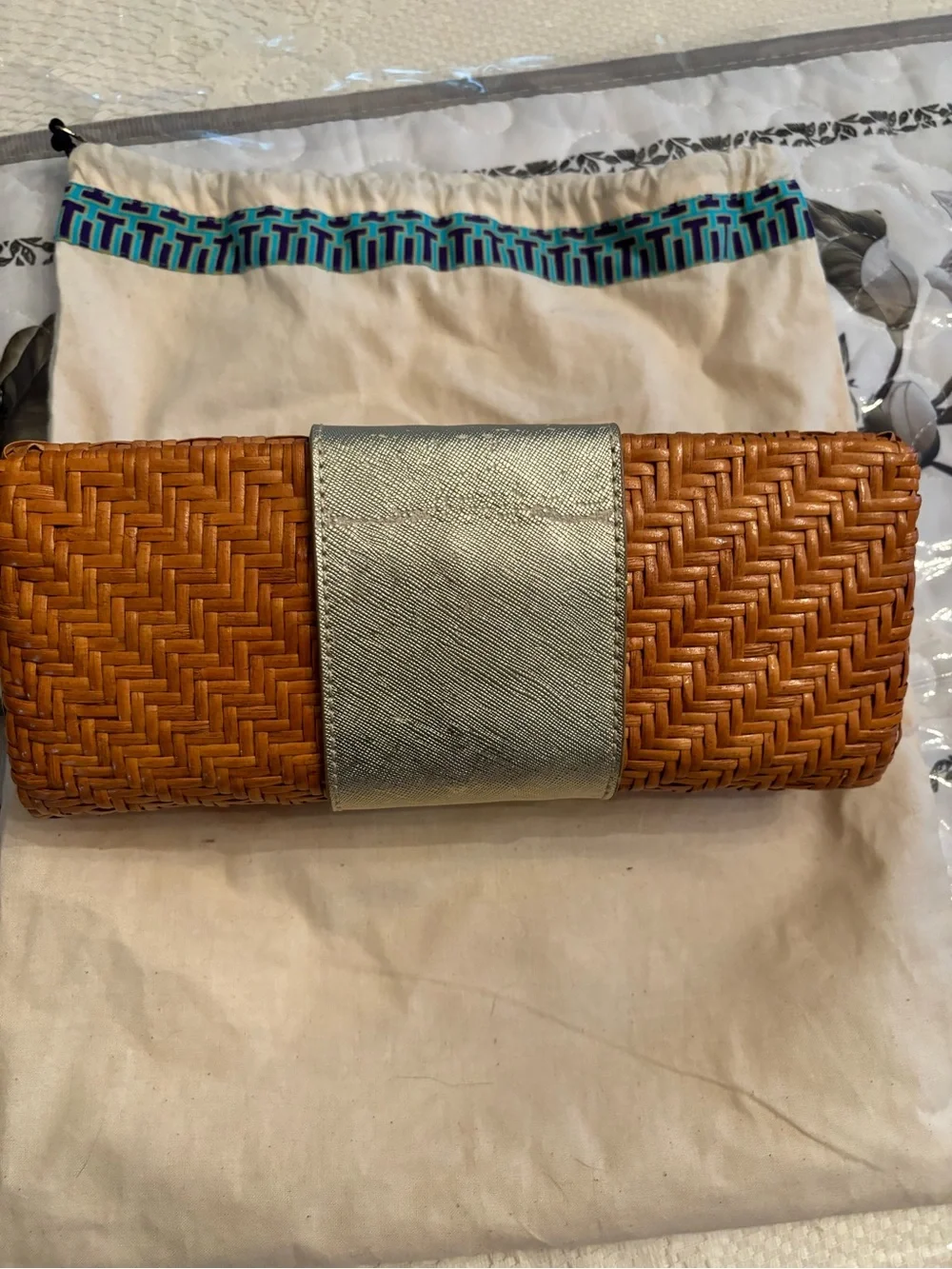 Vintage Tory Burch Woven Basket Clutch with Metallic Center